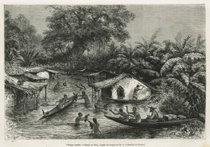 Inondes falvak, Riou rajza, Alfred Marche 1875-1877-es gaboni és az Ogoue folyón tett utazásának illusztrálására. Gravírozás a Le tour du monde-ban alkotó: Edouard Riou