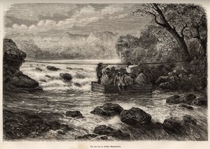 La traversee par le bac de la Riviere Mesacancha (Bas Peru), E.Riou metszete, amely a hegyekben, a Huarancalqui völgyében és a Pjonal vidékein tett utazást illusztrálja 1862-től 1863-ig, Paul Marcoytól, megjelent „” Le tour du monde”” 1875 alkotó: Edouard Riou