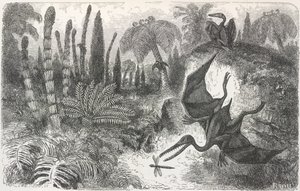 „A Liasic korszak tája”. Pterodactilt ábrázoló illusztráció alkotó: Edouard Riou