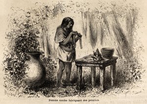 Egy perui conibo indián kerámia gyártása, Riou rajza P. Marcoy 1848-tól 1860-ig tartó utazásának illusztrálására a Csendes-óceántól az Atlanti-óceánig. Gravírozás a „Le tour du monde”-ban, szerkesztette Edouard Charton alkotó: Edouard Riou