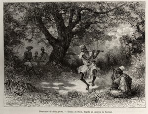 Találkozz két griot, Binger kapitány az árnyékban ülve élvezi a műsort. Riou metszete Louis Gustave Binger kapitány (1856-1936) „"Nigertől a Guineai-öbölig" című történetének illusztrálására, 1887-1889-ben a Le tour du monde-ban, a des voy új folyóiratában alkotó: Edouard Riou