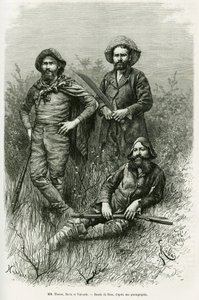 Az expedíció tagjai: Thouar úr (hosszabbítás), Novis úr (balra áll) és Valverde úr (jobbra áll). Riou metszete a Voyage dans le Chaco Boreal című történet illusztrálására alkotó: Edouard Riou