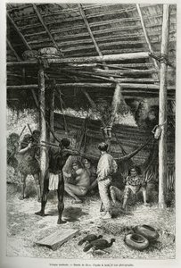 Reggeli támadás a felfedező kunyhója ellen indiánok részéről az Amazonas partjáról. Riou metszete Cayenne aux Andes történetének illusztrálására Jules Crevaux, a francia haditengerészet doktora 1878-1879-ben, a Tour du monde-ban jelent meg, irányítása alat alkotó: Edouard Riou