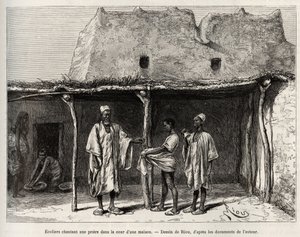 A kong (Niger) országban gyakorolt muszlim iskolások egy ház udvarán imát énekelnek, az iskolások egy marék caurist kapnak, amit átadnak tanáruknak, és ami egyfajta közoktatási adónak felel meg. alkotó: Edouard Riou