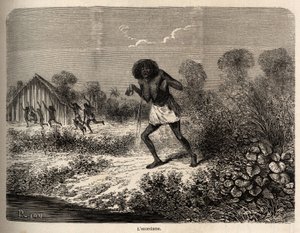 Pánik a Conibos indiánok között, akik elmenekültek Paul Marcoy expedíciójának Tumbaya (Peru) közelébe érkezésekor, aki maga is áldozata volt egy régi indián gonosz varázslatának, Riou rajzával illusztrálja P 1848-tól 1860-ig tartó utazását. Marcoy, a th alkotó: Edouard Riou