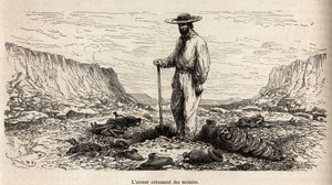 Paul Marcoy exhumant des mummies inkas (Bas Peru), E.Riou metszet, amely a hegyekben, a Huarancalqui völgyében és Pjonal régióiban tett utazást illusztrálja 1862-től 1863-ig, Paul Marcoy alkotása a „Le tour du monde”-ban. ” 1875, szerkesztette Edou alkotó: Edouard Riou