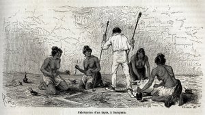 Paul Marcoy Sarayacu (Peru) özvegyeivel tanult meg szőnyeget készíteni, Riou rajza, hogy illusztrálja Paul Marcoy 1848-tól 1860-ig tartó utazását a Csendes-óceántól az Atlanti-óceánig. Metszet a „Le tour du monde”-ban, szerkesztve. írta: Edouard Charton alkotó: Edouard Riou