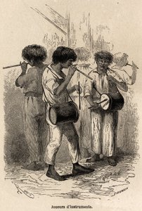 Hangszerjátékosok Sarayacuban (Peru), Riou rajza, Paul Marcoy 1848-tól 1860-ig tartó utazásának illusztrálására a Csendes-óceántól az Atlanti-óceánig. Metszet a „Le tour du monde”-ban, szerkesztette Edouard Charton alkotó: Edouard Riou