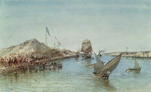 Szállítás a Szuezi-csatornán, egy szuveníralbumból, amely Eugenie császárné (1826-1920) útjára emlékezik az 1869-es beiktatáskor (wc papíron)