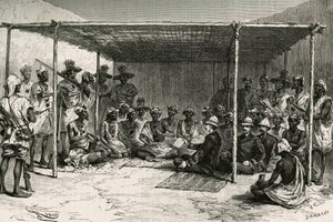 Joseph Gallieni (1849-1916) parancsnok és Tokontan Keita között 1880. április 25-én aláírták azt a szerződést, amely Kita országot (a volt francia Szudán, a mai Mali) Franciaország protektorátusa alá helyezte. Riou metszete, az au. vázlata alapján alkotó: Edouard Riou
