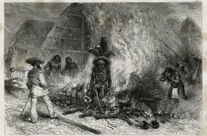 A Mana és Maroni folyók mentén élő Roucouyenne (vagy wayana) törzs hamvasztása, szemben a Bucherrel, Dr. Crevaux, Riou metszete, Dr. Jules Crevaux, a tudomány doktora által Guyana belsejében tett felfedező utazás szemléltetésére. a francia haditengerészet, alkotó: Edouard Riou