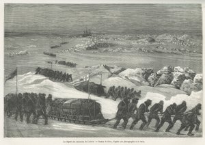 Az Alert szánok, a sarki expedíció hajójának indulása, Riou rajza, hogy illusztrálja G.S.Nares kapitány 1875-1876-os sarki tengeri utazásának történetét. Gravírozás a Le tour du monde-ban alkotó: Edouard Riou