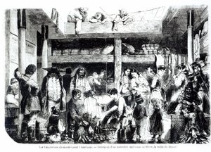 Az Amerikába indulás előestéje – Német emigránsok az Egyesült Államokba indulnak egy amerikai vonalhajó kormányzónájában Le Havre kikötőjében, 1850 körül alkotó: Edouard Riou