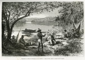 A felfedezők tábora az Orenoque és a Cabullero folyó találkozásánál. Riou metszete az Új-Granada és Venezuela közötti felfedezőút illusztrálására, Doktor Crevaux, a haditengerészet első osztályú orvosa és E. Lejeanne, tengeri gyógyszerész alkotó: Edouard Riou