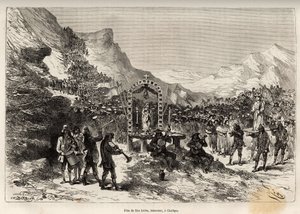 San Isidro, a szántók védőszentje és a kultúrák védelmezője Challqui-ban (Peru) a környék több mint 1000 indiánjának felvonulása a szűz oltárához hozza a szent szobrát, majd mindenki összegyűlik. az ünnepre t alkotó: Edouard Riou