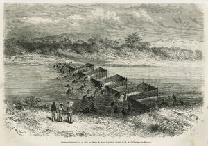 Az Eboga folyón a halakat csapdába ejtő halászat a zuhatagon keresztül vezet a bambusz agyagokon keresztül, Riou rajza, hogy illusztrálja Alfred Marche 1875–1877-es gaboni és az Ogoue folyón tett utazásának történetét. Gravírozás a Le tour du monde-ban alkotó: Edouard Riou