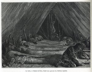 A sátor belseje a jégtáblán, Riou rajza egy 1875-1876-os sarki tengeri utazás történetének illusztrálására, G.SNares kapitány (1831-1915) alkotása. Gravírozás a Le tour du monde-ban alkotó: Edouard Riou