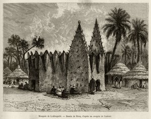 Lokhognile mecsetje (Guineai-öböl). Riou metszete Louis Gustave Binger kapitány (1856-1936) „"Nigertől a Guineai-öbölig" című történetének illusztrálására, 1887-1889-ben a Le tour du monde-ban, az új folyóiratban des voyages, irányítása alatt alkotó: Edouard Riou