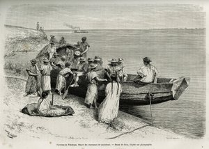 Gumikutatók indulása Tabatinga (felső Amazonas régió) környékén. Riou metszete Cayenne aux Andes történetének illusztrálására Jules Crevaux, a francia haditengerészet orvosa 1878-1879-ben, a Tour du monde-ban jelent meg, a direc alatt alkotó: Edouard Riou