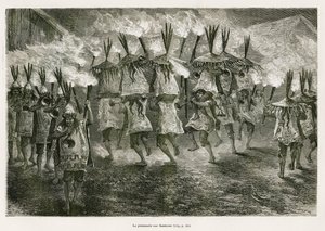 A fáklyás séta San Jose utcáin, E.Riou rajza, hogy illusztrálja a Titicaca régióban és Alsó-Peru keleti részének völgyeiben tett utazást, Paul Marcoy 1873-ban. Gravírozás a Le tour du monde-ban alkotó: Edouard Riou