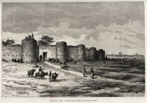 Tiong-Gi városa (Tiong Gi, Mali), erődítményeivel és agyagtornyaival. Riou metszete Louis Gustave Binger kapitány (1856-1936) „"Nigertől a Guineai-öbölig" című történetének illusztrálására, 1887-1889-ben, a Le tour du monde, új folyóiratban alkotó: Edouard Riou
