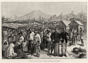 Séta a Pager Alam Cafe-ban (Malajzia). Riou metszete az „egy év Malajziában” történet illusztrálására, Jules Claine (1856-1939) alkotó: Edouard Riou