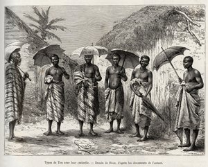 Hangtípus az esernyőjükkel. Riou metszete Louis Gustave Binger kapitány (1856-1936) „"Nigertől a Guineai-öbölig" című történetének illusztrálására, 1887-1889-ben a Le tour du monde-ban, az új folyóiratban des voyages, irányítása alatt Edouard Char alkotó: Edouard Riou