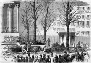 Fák átültetése a párizsi Place de la Bourse-on 1858 telén. Riou metszete a „” Le Monde Illustré”” 46. számában, 1858. február 27-én. alkotó: Edouard Riou