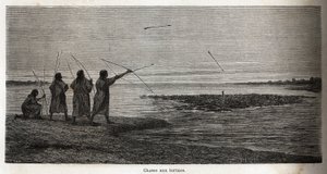 Teknősvadászat a perui indiai konibók között, Riou rajza P. Marcoy 1848-tól 1860-ig tartó utazásának szemléltetésére a Csendes-óceántól az Atlanti-óceánig. Gravírozás a „Le tour du monde”-ban, szerkesztette Edouard Charton alkotó: Edouard Riou