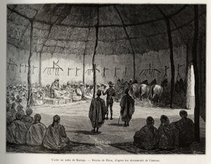 Látogatás a Karagai Nabában (Ghána). Riou metszete Louis Gustave Binger kapitány (1856-1936) „"Nigertől a Guineai-öbölig" című történetének illusztrálására, 1887-1889-ben a Le tour du monde-ban, az új folyóiratban des voyages, irányítása alatt Edouar alkotó: Edouard Riou