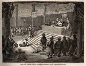 Egy kínai bíróságon a vádlott megjelenik a bíróságon egy őt láncra verve tartó csendőrtől és a hentesétől, Vaumort (? -1886) rajzával, hogy szemléltesse M. de Bourboulon 1859-től 1862-ig tartó utazását Sanghajból Moszkvába. , francia miniszter Ch