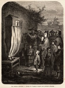 Kínai árnyak mozgatható színháza egy pekini sétán, Vaumort (? -1886) rajza M. de Bourboulon, francia kínai miniszter 1859-től 1862-ig tartó utazásának szemléltetésére Sanghajból Moszkvába. Gravírozás a „Le tour du monde”-ban, szerkesztette Edouar