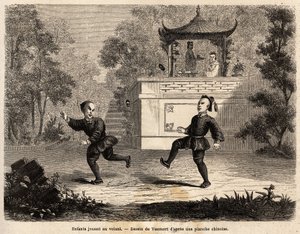 A kormánynál játszó kínai gyerekek (bőrlabda, nehézfém gyűrűk és beültetett 3 hosszú toll), édesanyjuk felügyelete mellett, Vaumort (? -1886) rajza a Sanghajból Moszkvába tartó, 1859-től 1862-ig tartó utazás szemléltetésére. de Bourb úr