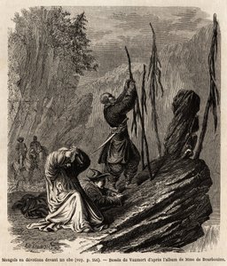 Mongolok egy obo iránt, a Bakka és a Mongólia-hegység közelében, Vaumort (? -1886) rajza M. de Bourboulon, francia kínai miniszter 1859 és 1862 között Sanghajból Moszkvába tartó utazásának szemléltetésére. Gravírozás a „” Le tour du monde” nyelven”, szerke