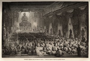 Vallási szertartás egy kínai lamasserie-ben, Vaumort (? -1886) rajza M. de Bourboulon, francia kínai miniszter 1859 és 1862 között Sanghajból Moszkvába tartó utazásának szemléltetésére. Gravírozás a „Le tour du monde”-ban, szerkesztette Edouard Charton
