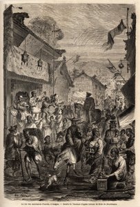 Ruhakereskedők utcája, Kalgan, Mongólia. Vaumort (? -1886) rajza M. de Bourboulon, francia kínai miniszter 1859-től 1862-ig tartó utazásának szemléltetésére Sanghajból Moszkvába. Gravírozás a „Le tour du monde”-ban, szerkesztette Edouard Chart