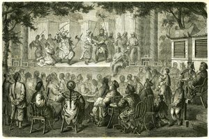 Az Opera de Pekin (Peking) ábrázolása, Kína, Madame de Bourboulon utazási története után. Metszet Vaumort rajza nyomán, a „Le Tour du Monde, Nouveau Journal des Voyages” című kiadványban, szerkesztette Edouard Charton, Párizs