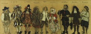 Tanulmány a Jean de la Fountaine számára készült "La Coupe Enchantee"-ban kilenc színész jelmezeire; Jelmeztanulmányok az elvarázsolt pohár kilenc karakteréhez, Jean de la Fontaine, 1918 alkotó: Edouard Vuillard
