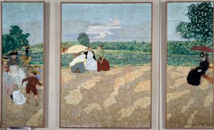 A közkertek: A nővérek, a beszélgetés és a piros esernyő - Triptichon Alexandre Natanson kastélyának díszítésére alkotó: Edouard Vuillard