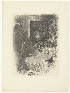 Két nő és férfi megvilágított belső térben Meghittség alkotó: Edouard Vuillard