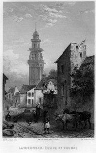 Kilátás a Landerneau-ra és a Szent Tamás-templomra, Finistere, Bretagne, Franciaország. Willmann metszet az „Ókori és modern Franciaországban” – Jean-Bernard Mary-Lafon (Jean Bernard Mary Lafon)