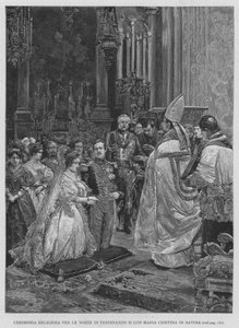 Vallási szertartás II. Ferdinánd esküvőjére Savoyai Mária Cristinával (metszet) alkotó: Edouardo Matania