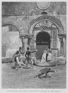 Del Carretto katonái Syracusában az 1837-es lázadás után (metszet) alkotó: Edouardo Matania