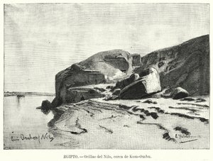 A Nílus partja, Kom Ombo közelében, Egyiptom (litho) alkotó: Eduard (after) Hildebrandt