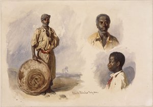 Három afro-brazil portré: teljes alakban, állva, kosárral; egy férfi mellkép, szemből nézve; valamint egy fiú profilból nézve