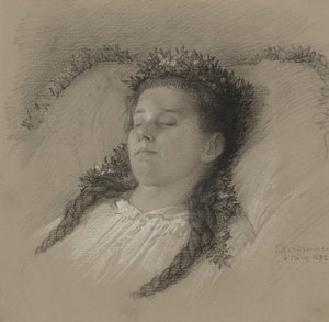 Egy lány a halálos ágyán virágkoronával alkotó: Eduard Julius Friedrich Bendemann