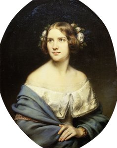 Jenny Lind portréja félhosszában fehér ruhában és világoskék kendőben áll,