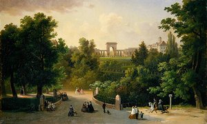 Kilátás a Karlsaue Gardensről a Friedrichsplatzra alkotó: Eduard Stiegel