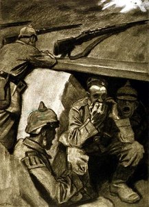 Szájorgona a lövészárokban, illusztráció egy német folyóiratból, "Simplicissimus", 1915 körül (litho)