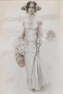 Egy lány kancsóval és egy csokor virággal, 1914.